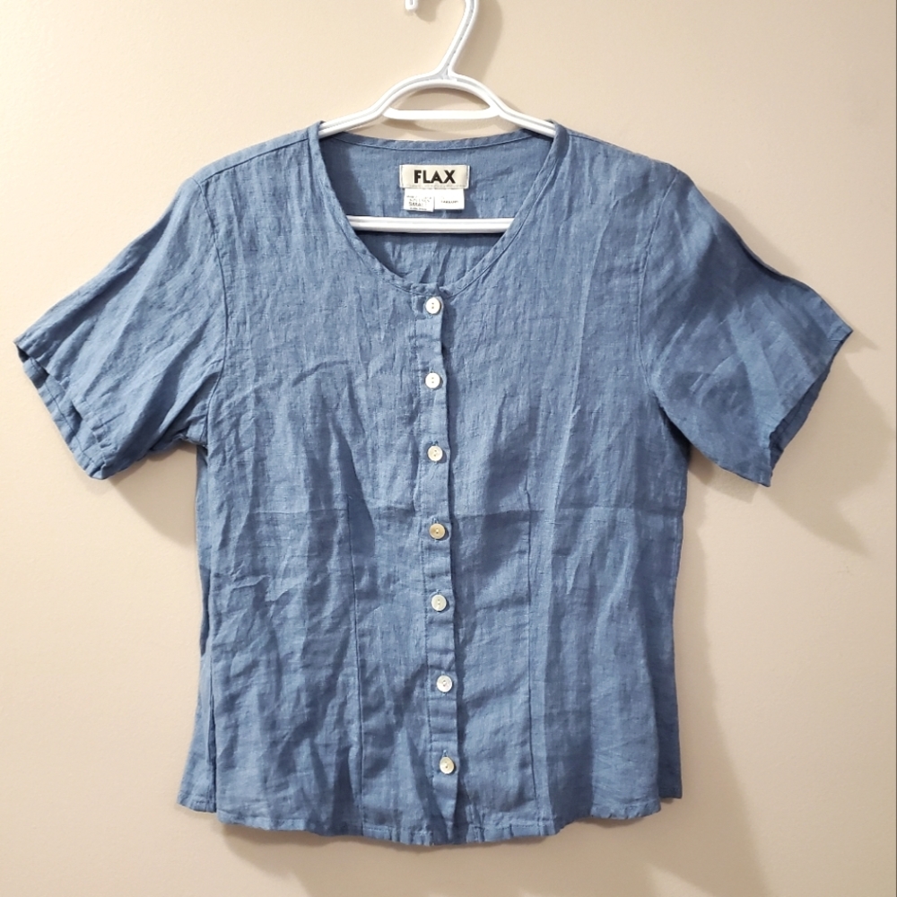 Flax - 100% Linen Button Up Blouse with Darts in Blue - Size S